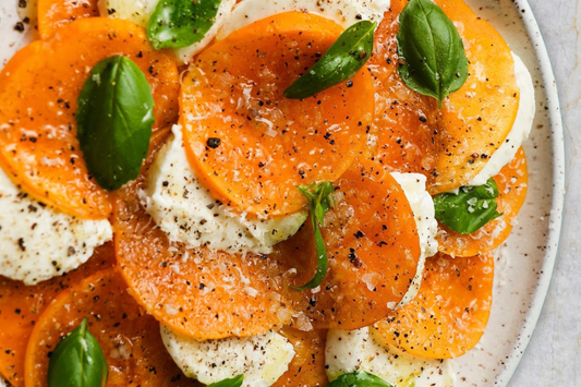 Persimmon Mozzarella, Parmesan & Basil Salad recipe, quick healthy, great for hosting 